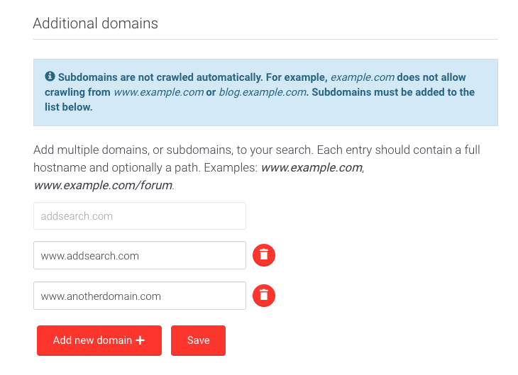 Picture of additional domains user interface in AddSearch Dashboard.