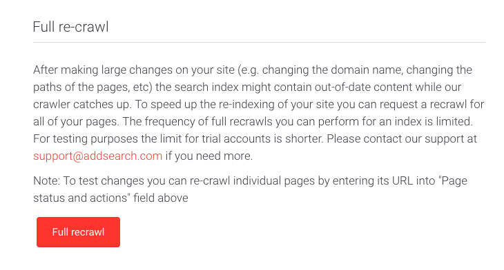 Picture of Full recrawl tool in AddSearch Dashboard