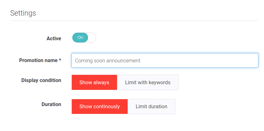 Picture of promotion name, display and duration settings.