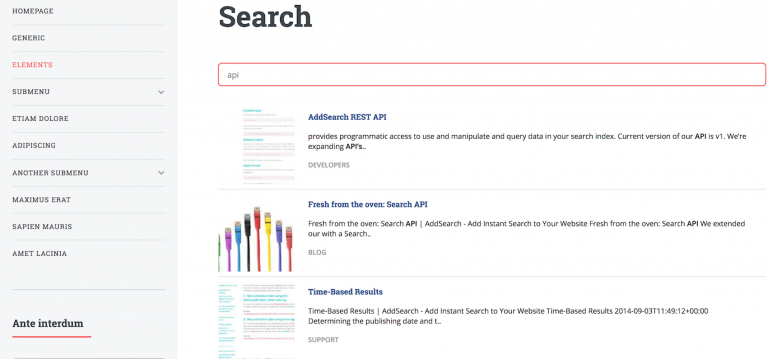 Picture of AddSearch Separate Results Page view.