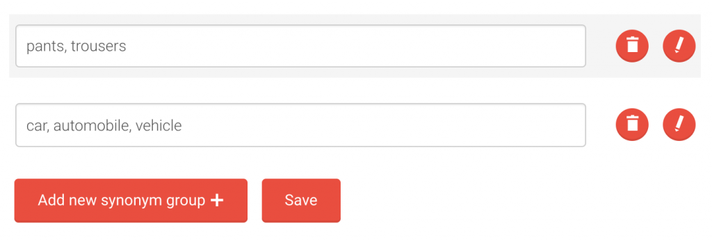Picture of user interface for setting synonyms.