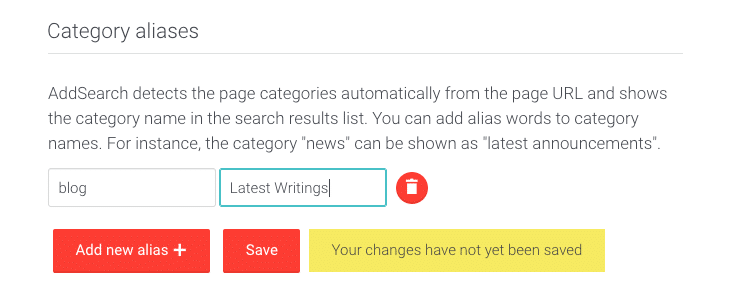 Picture of category alias settings user interface in AddSearch Dashboard. 