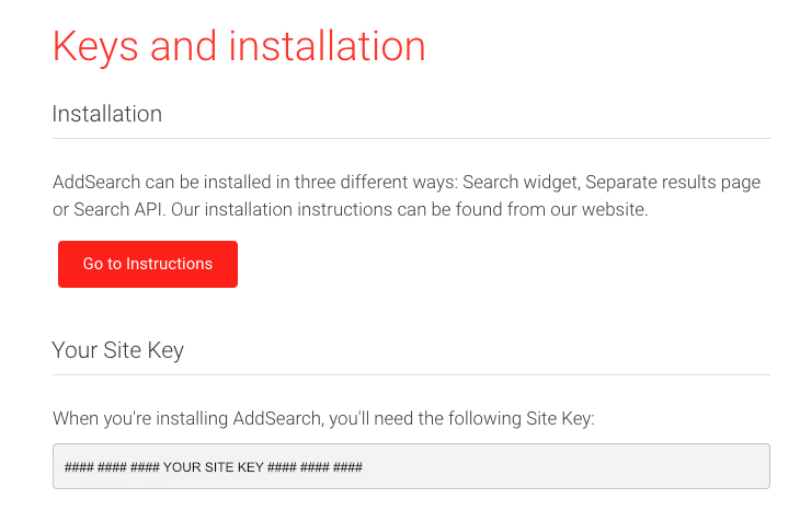 Screenshot of the Dashboard Keys and installation section
