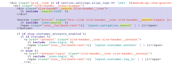 Picture of search related code in header.liquid file.