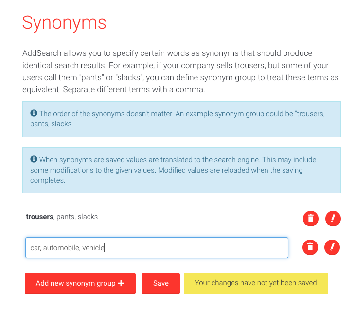 Picture of Synonyms user interface in AddSearch Dashboard.