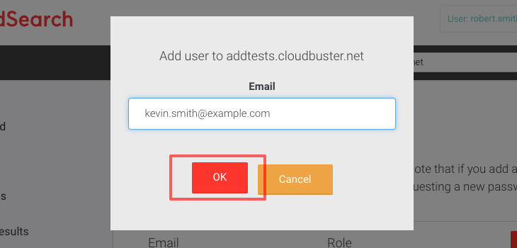 Picture of modal to add user in AddSearch dashboard.