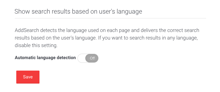 Picture of languafe detection user interface in AddSearch Dashboard.