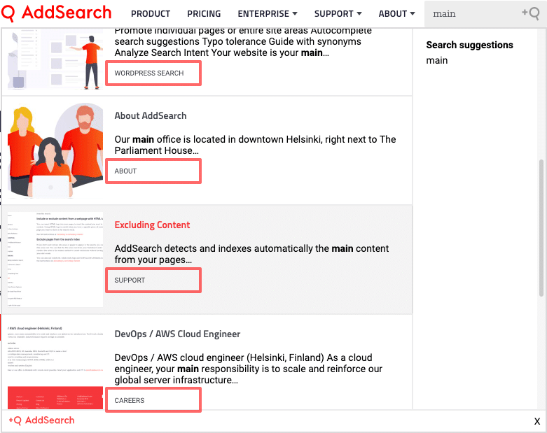 Picture of search results with category information highlighted.