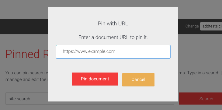 Picture of pinning URL in the AddSearch Dashboard