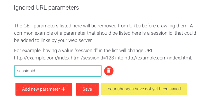 Picture of ignored URL parameter user interface in AddSearch dashboard.
