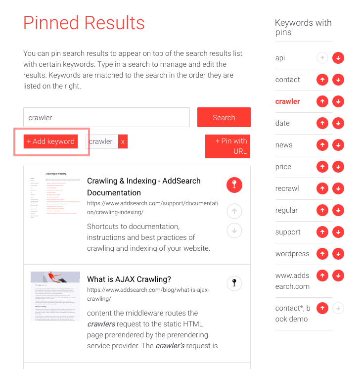 Pinned results user interface in AddSearch dashboard