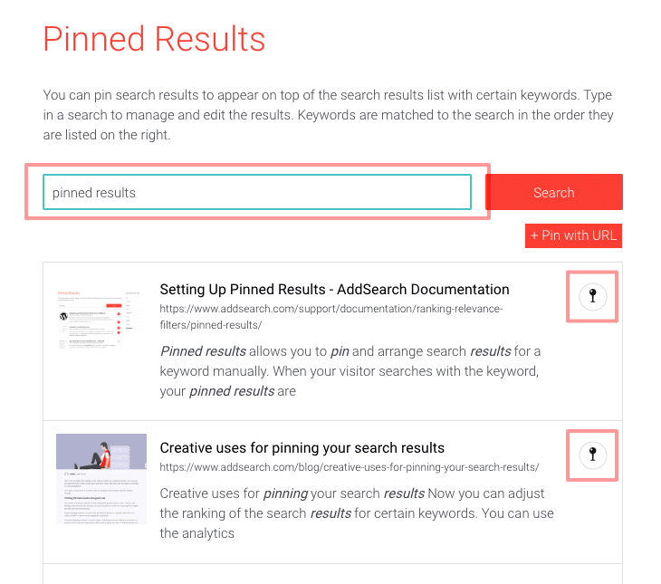 Picture of pinned results user interface in AddSearch dashboard