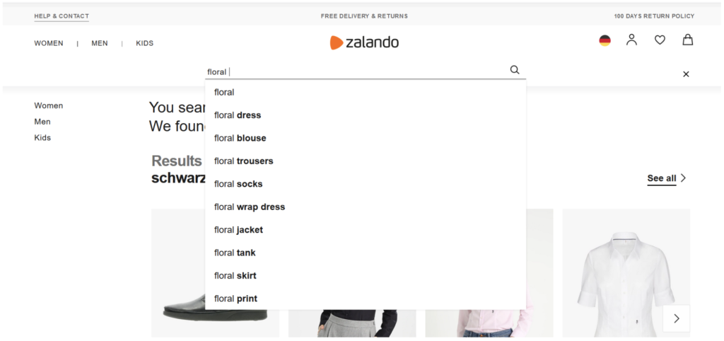 Zalando offers a variety of autosuggestions for a search term