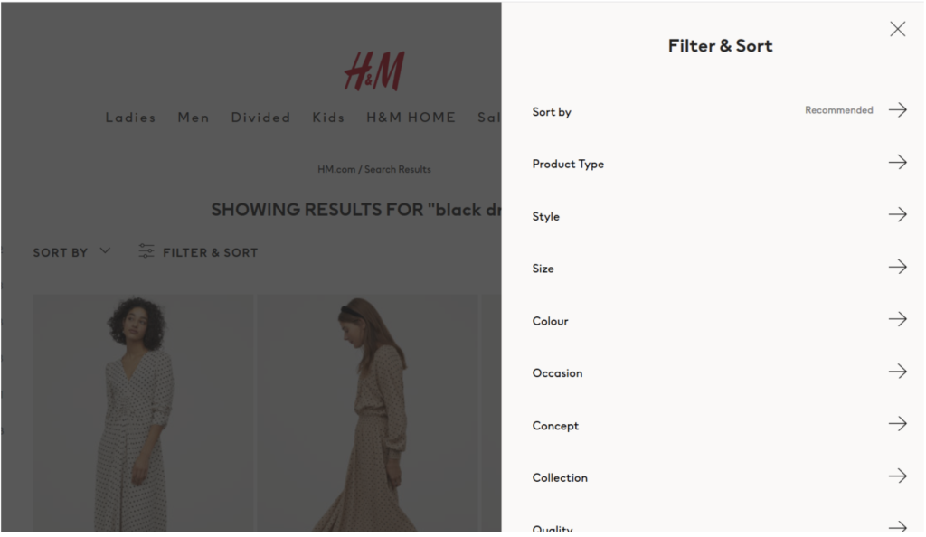 H&M offers a variety of filters for a search term ("black dress")