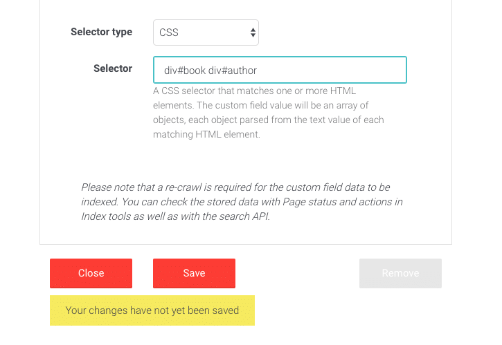 Picture of custom fields manager user interface in AddSearch dashboard.