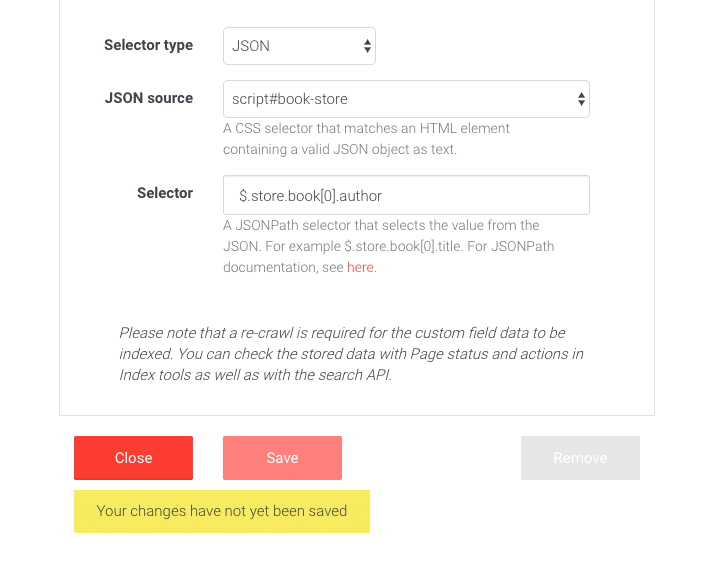 Picture of custom fields manager user interface in AddSearch dashboard.