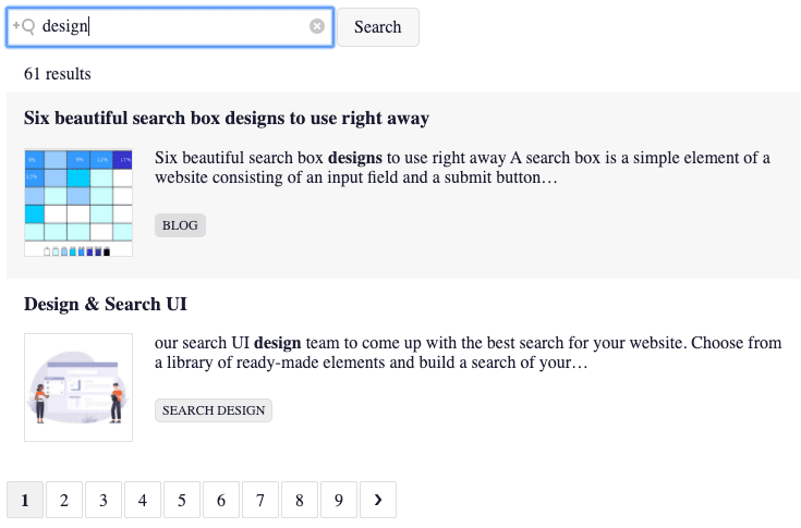 Picture of a basic search view with search field, search results and pagination.