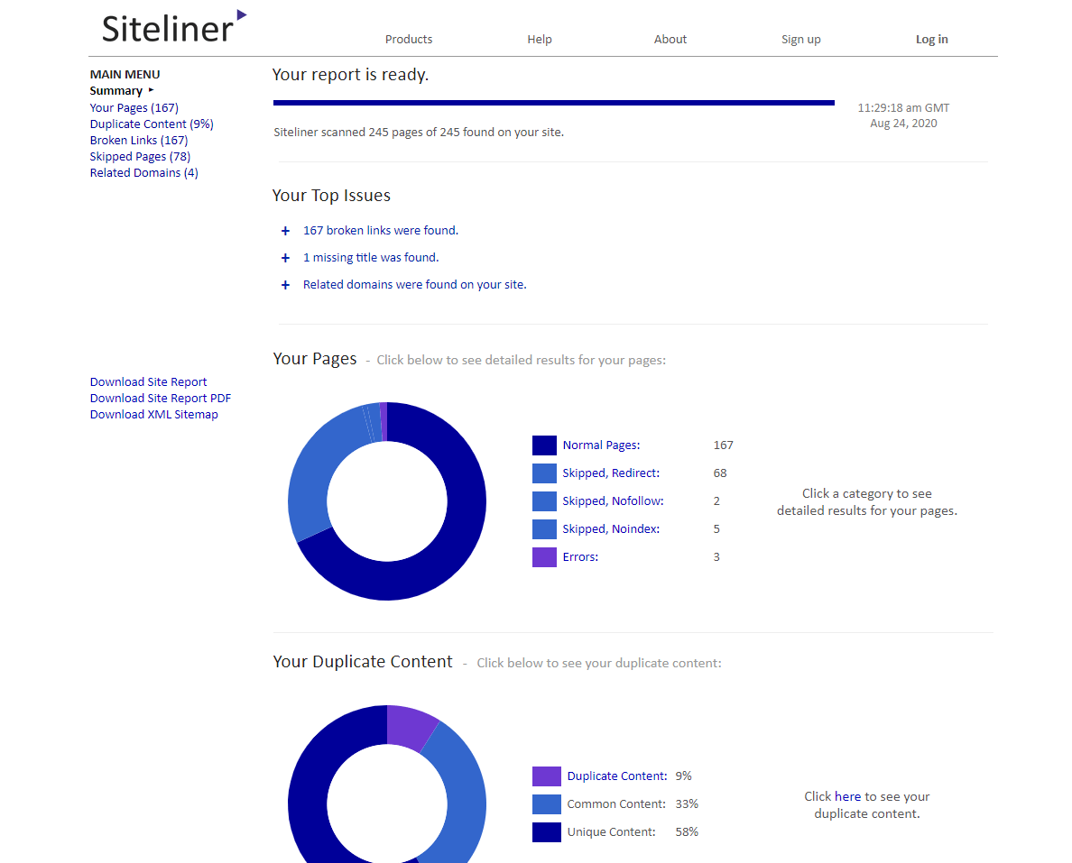 Siteliner duplicate content checker