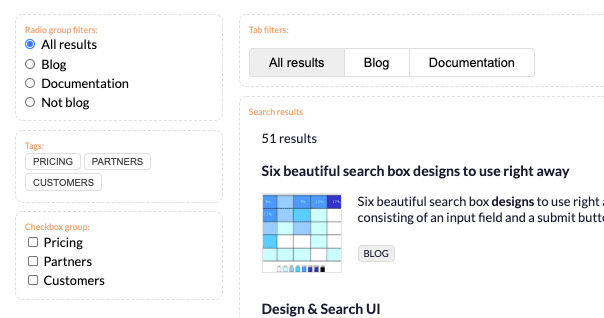 Picture of filters component from Search UI Library