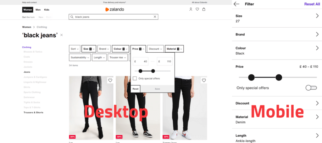 Zalando search filter example