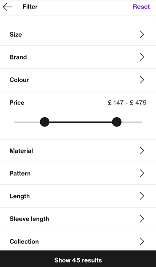 Zalando mobile search filters