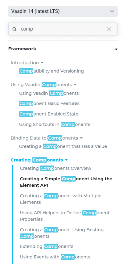 Vaadin documentation search with autosuggest