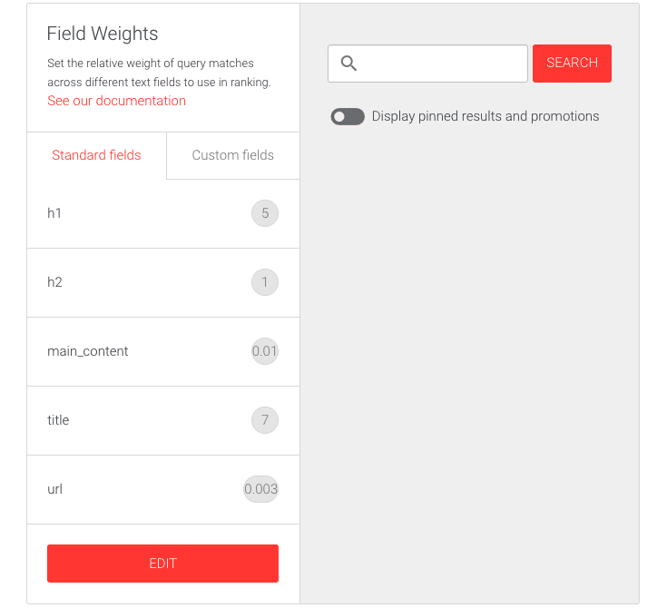 Picture of the Field weights Standard fields user interface.