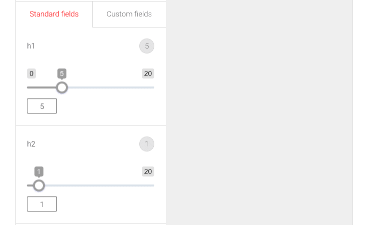 Picture of the Field Weights Standard Fields editor.