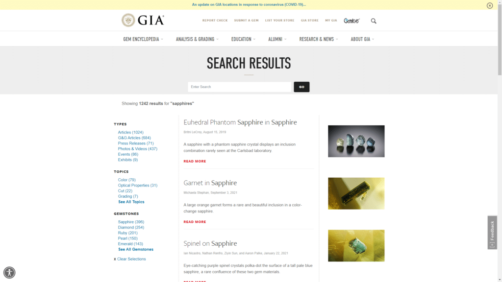 Screen capture of the Gemological Institute of America website showing specialized content in the search and relevant filters. 