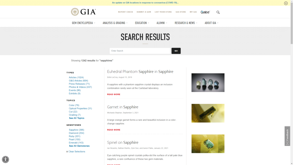 Screen capture of the Gemological Institute of America website internal search engine