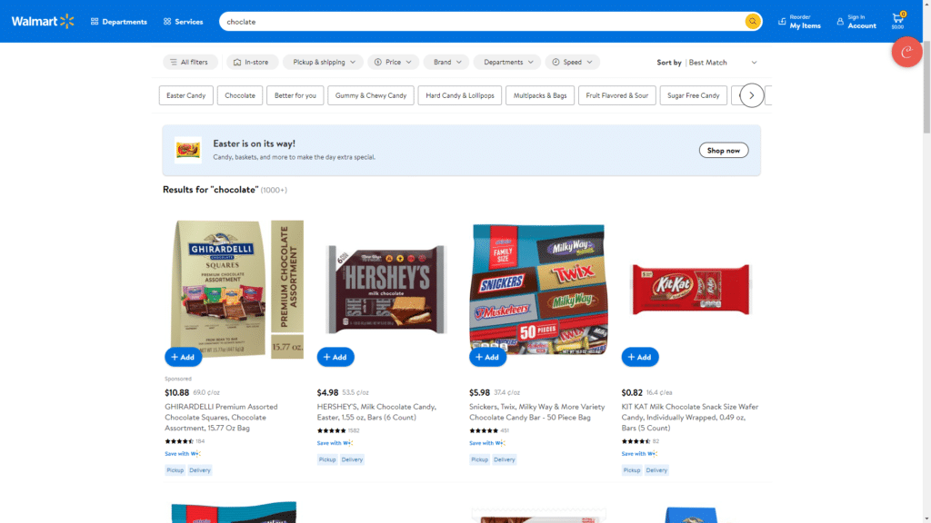 Screen capture of Walmart website showing search function wit the option to filter by categories and subcategories