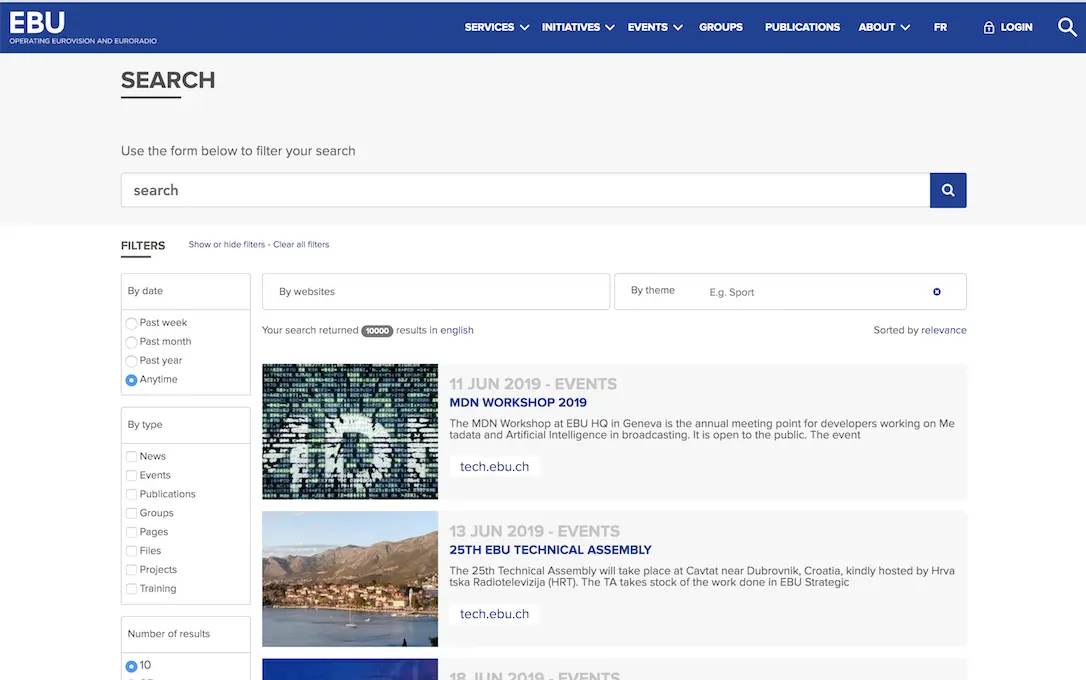 Picture that shows EBU's search user interface with the search field, search results and searh filters.