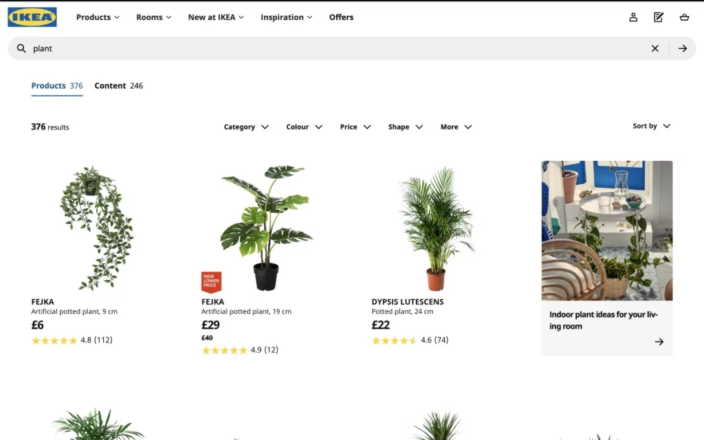 Picture of IKEA card view of plants and indoor plant holders.