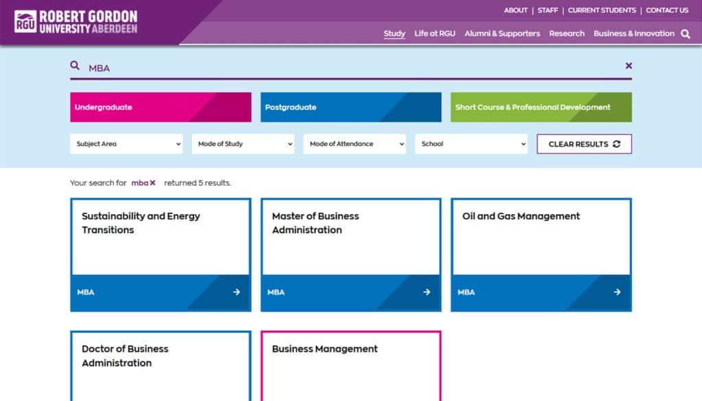 The RGU website uses faceted navigation to help prospective students easily navigate their extensive catalogue of offered courses.