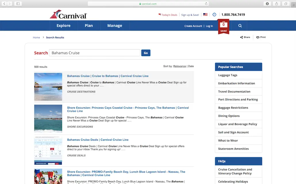 Picture of Carnival Cruise's search user interface.