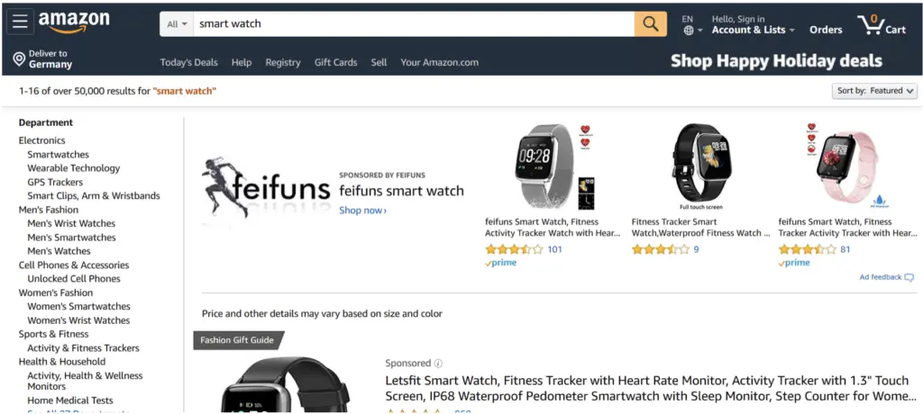 Amazon shows sponsored products first in the search results.