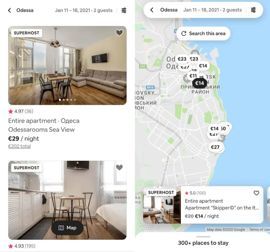 Airbnb list vs. map view