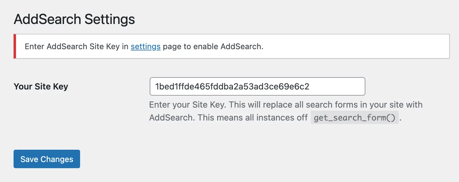 wordpress addsearch site key input field key added