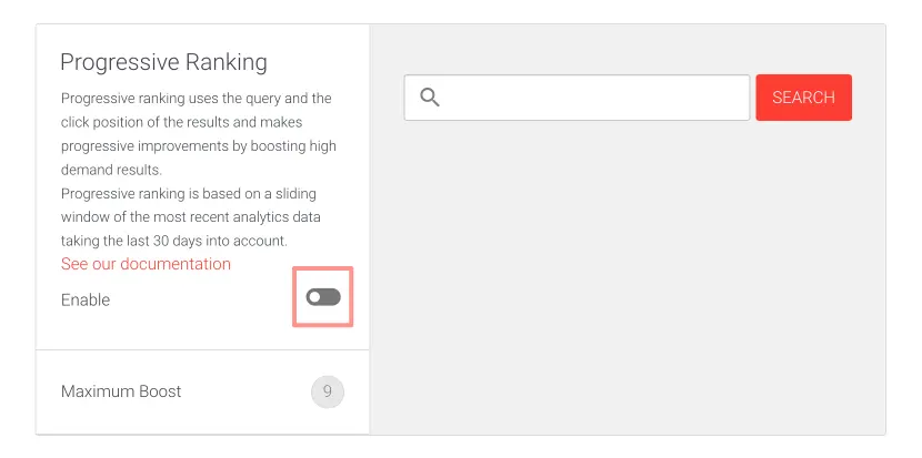 Picture of progressive ranking toggle in the AddSearch dashboard. 