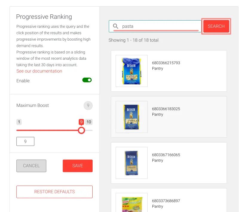 Picture of progressive ranking tools user interface in AddSearch dashboard.
