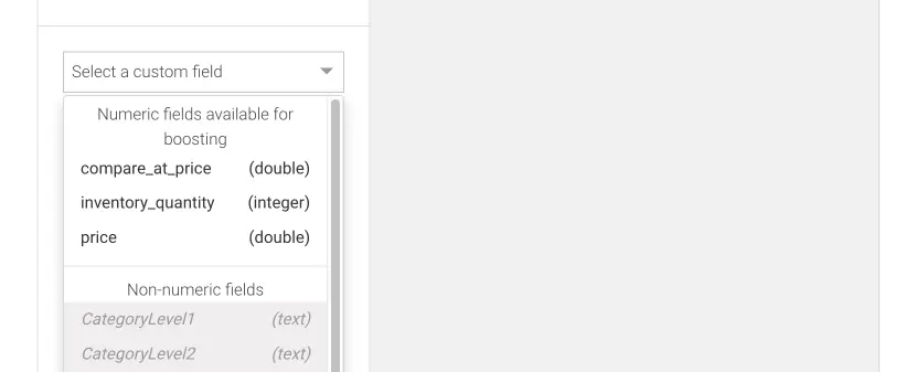 Picture of the Custom fields boost field list in the dropdown menu.