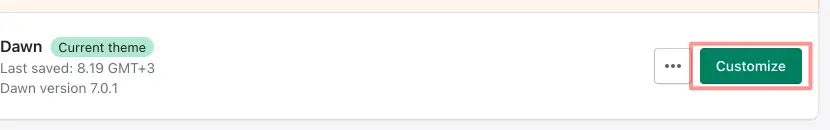 A picture of Customize themes button in Shopify admin page