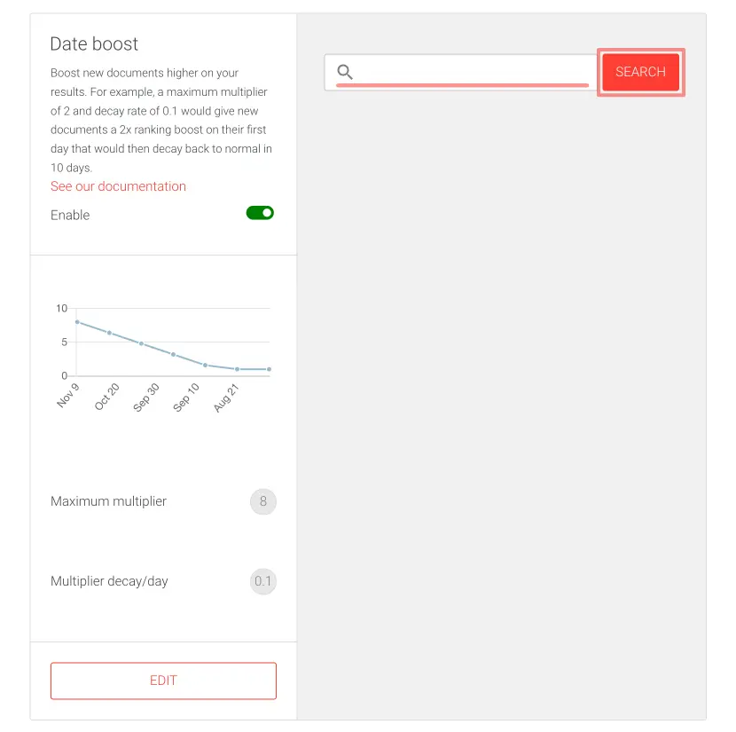 Picture of the date boost user interface in the AddSearch dashboard.