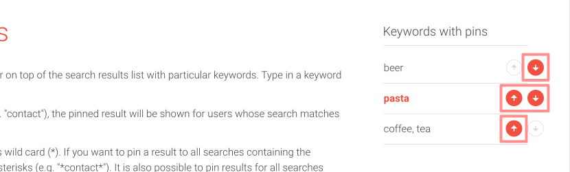 Picture of arranging keywords with pins in AddSearch dashboard.