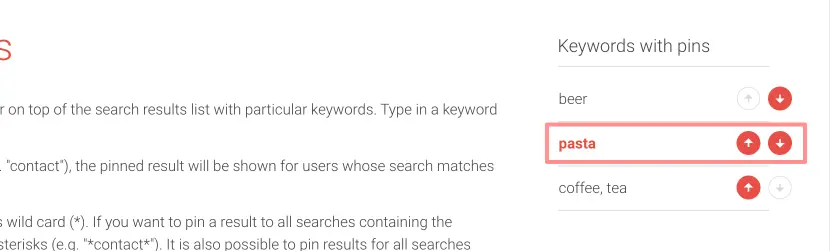 Picture of selecting keyword in the AddSearch dashboard.