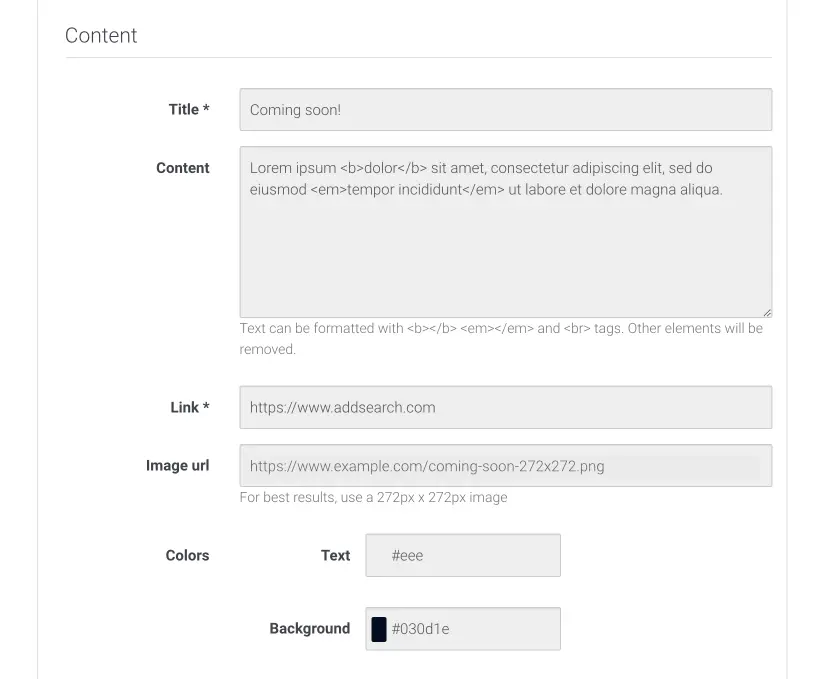 Picture of promotions content settings in AddSearch dashboard.