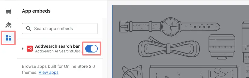 A picture of App embeds button and enable search bar toggle in theme customization page.