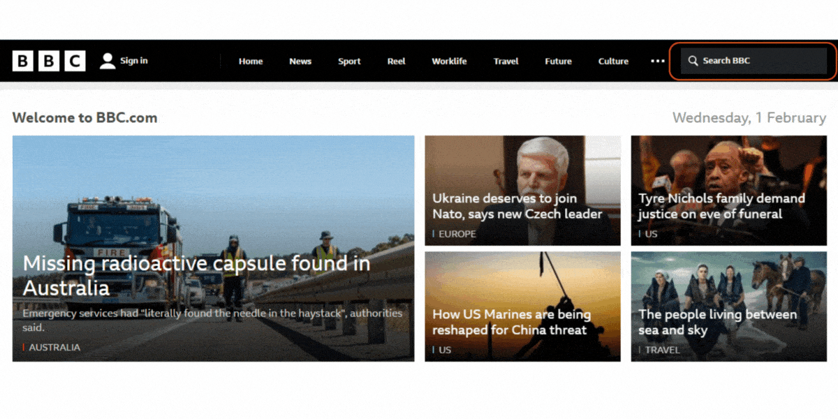 Gif shows BBC website, which has the search bar consistently placed on the top right corner of its pages, with a recognizable magnifying glass symbol - features of accessible site search