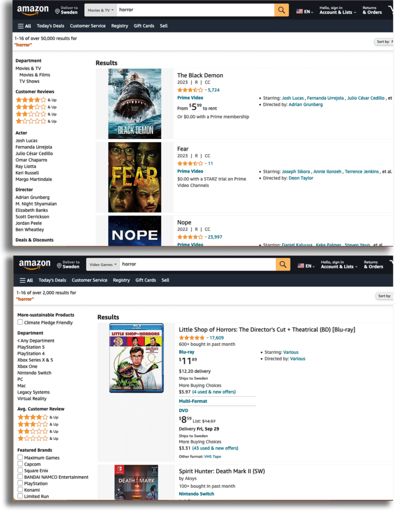 Advanced Filtering, especially dynamic filtering, prioritizes user experience by adapting to the users' search intent and presenting only relevant search filters. 

Amazon utilizes dynamic faceting for numerous categories. In the example below, you see two categories: “movies” on top, “games” on the bottom. Both include the “customer review” facet. However, the games category search showcases “featured brands”, while the movies query brings shows “actor”, “director”