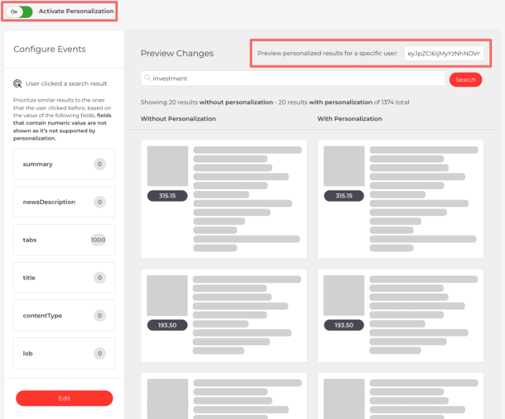 Picture of enabling personalization in the AddSearch dashboard.